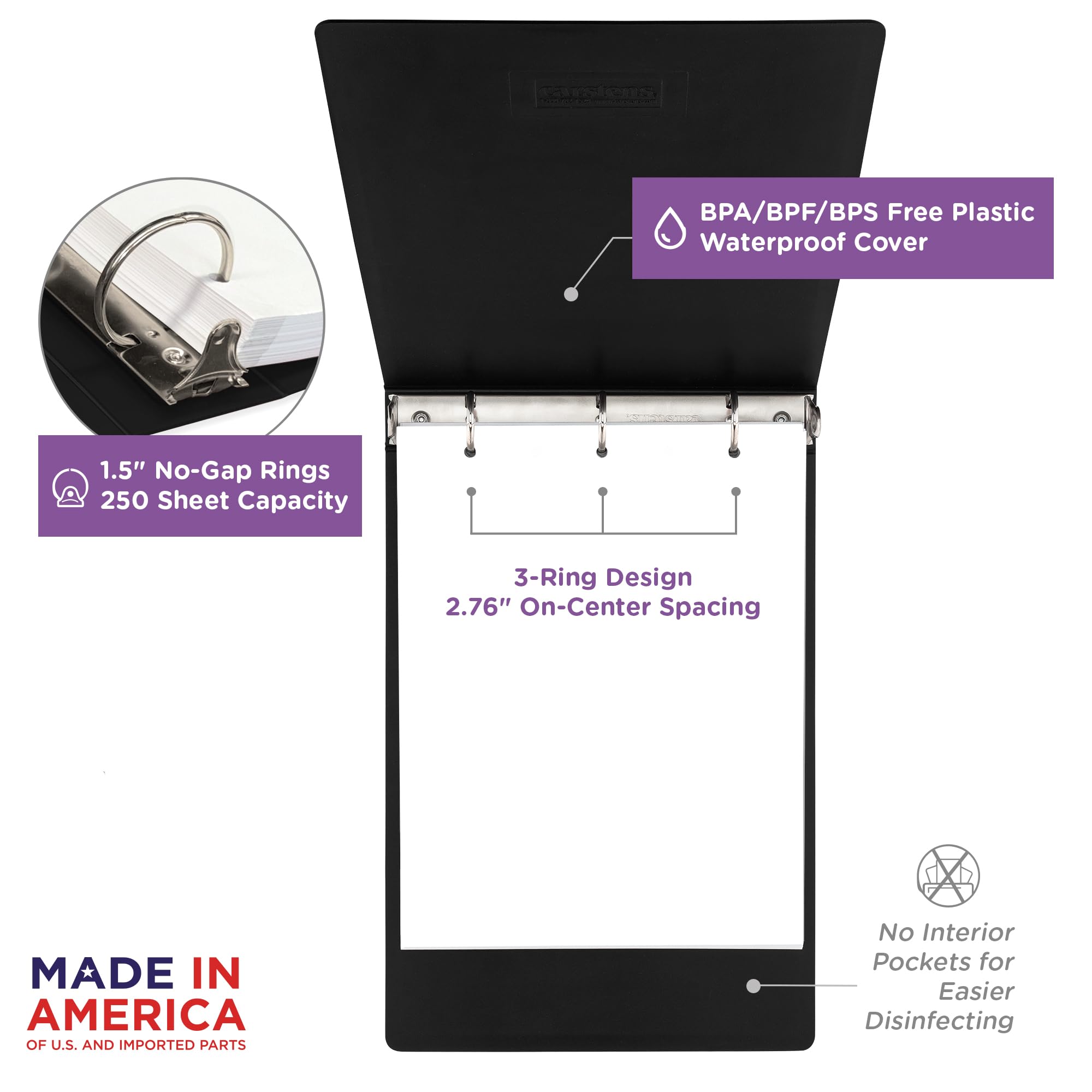 Carstens 1.5-Inch Heavy Duty 3-Ring Binder - Top Opening, Black, Durable Plastic, No-Gap Rings, Waterproof Covers, No Pockets, Holds 250 Letter-Size Sheets, BPA-Free, Made in USA (2075-3R), Case of 20 - Image 3