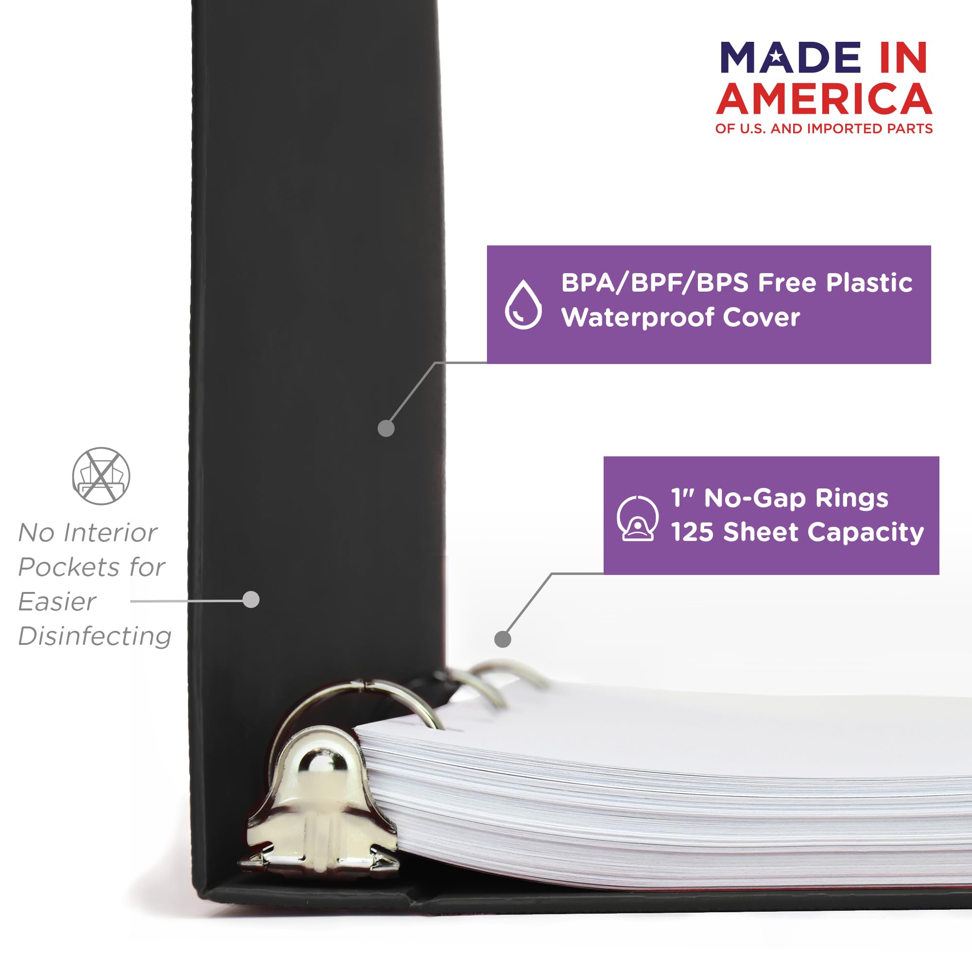 Carstens 1-Inch Heavy Duty 3-Ring Binder - Top Opening, Black, Durable Plastic, No-Gap Rings, Waterproof Cover, No Pockets, Holds 125 US Letter Sheets, BPA-Free, Made in USA (8769-3R), Case of 18 - Image 3