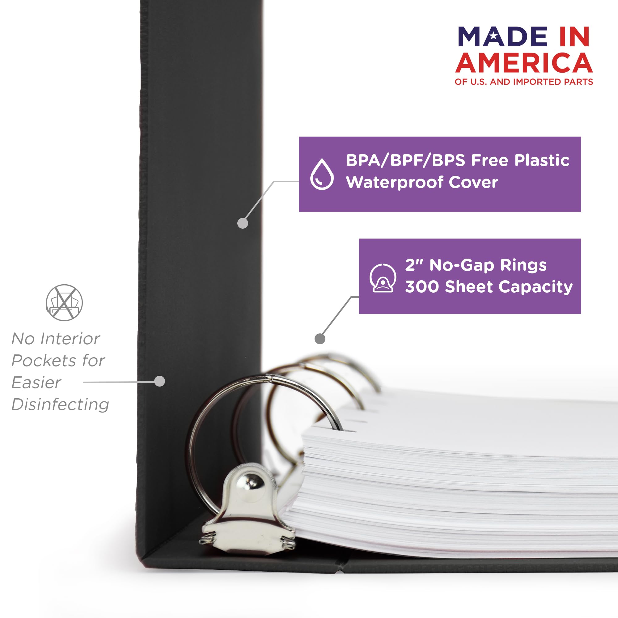 Carstens 2-Inch Heavy Duty 3-Ring Binder - Top Opening, Black, Durable Plastic, No-Gap Rings, Waterproof Cover, No Pockets, Holds 300 US Letter Sheets, BPA-Free, Made in USA (5879-3R), Case of 16 - Image 3