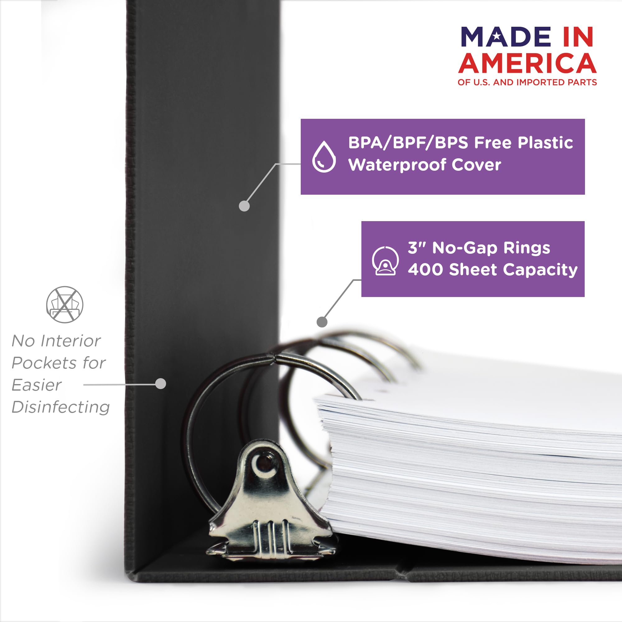 Carstens 3-Inch Heavy Duty 3-Ring Binder - Top Opening, Black, Durable Plastic, No-Gap Rings, Waterproof Cover, No Pockets, Holds 400 Letter Sheets, BPA-Free, Made in USA (1755-3R), Case of 12 - Image 3