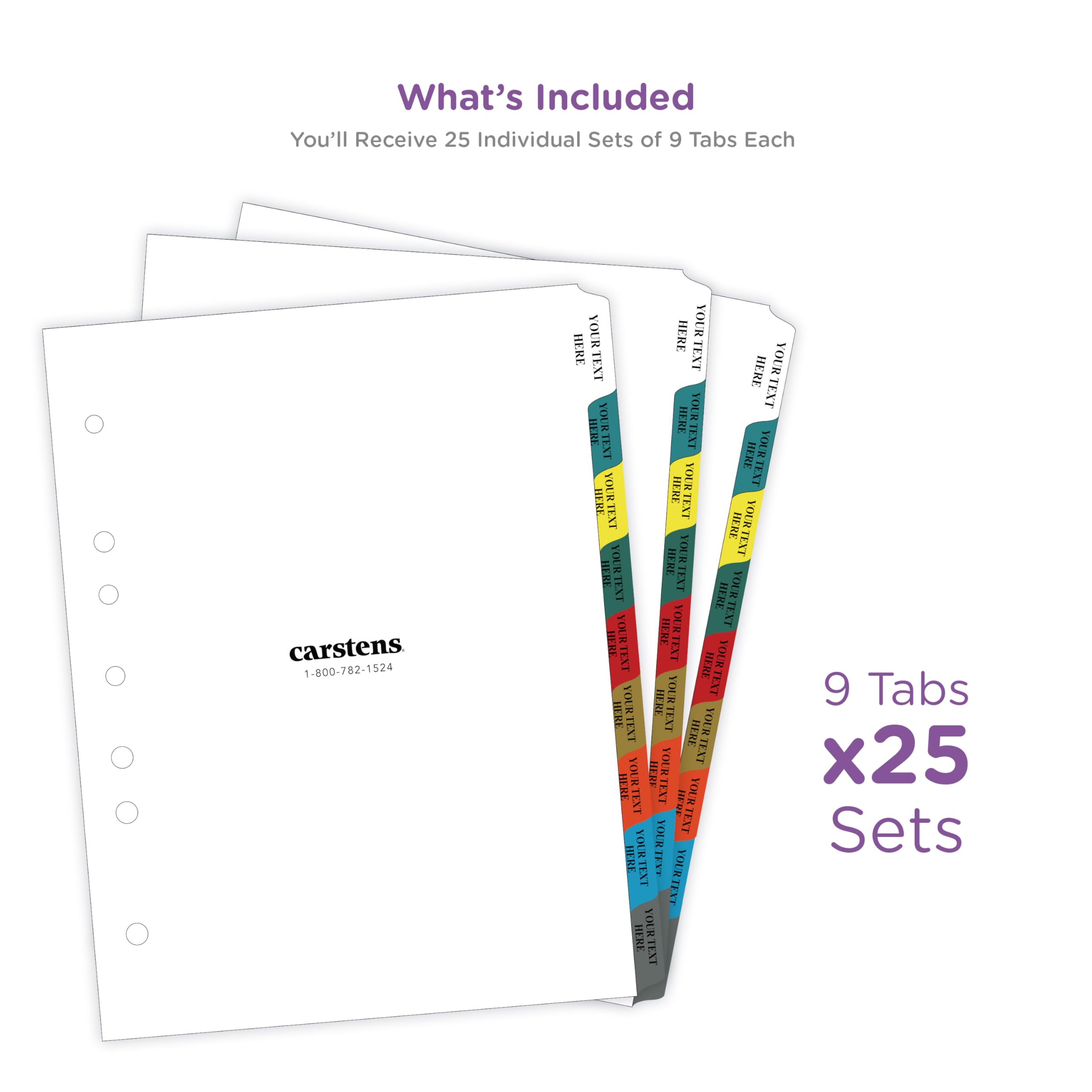 Carstens Heavy Duty Custom Binder Tabs, Includes 25 Plastic Index Divider Sets (Multi-Color) | 9 Personalized Binder Divider Tabs Per Set | Durable, No-Tear Holes, Side Tabs | Made in USA, Woman-Owned - Image 4