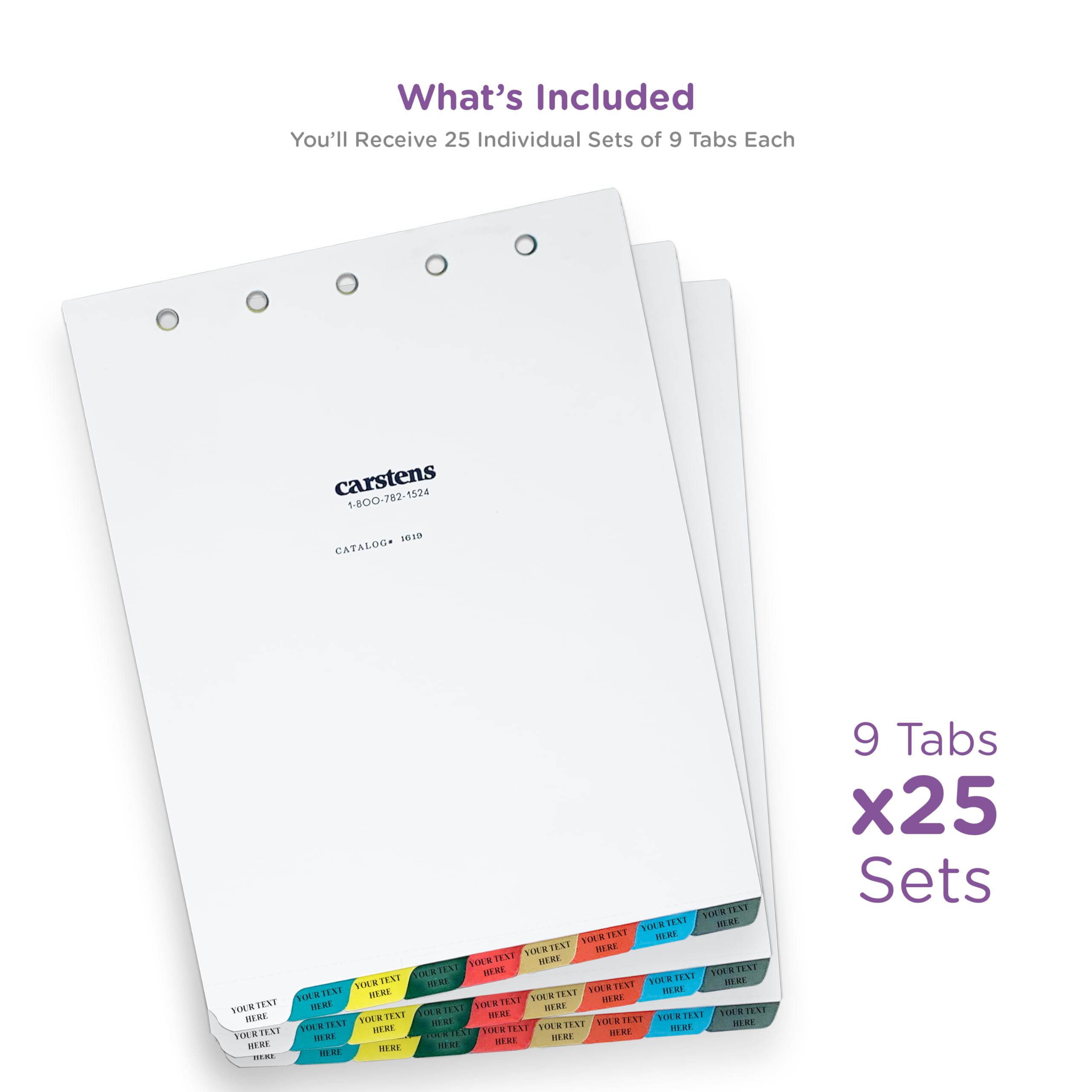 Carstens Heavy Duty Custom Binder Tabs, Includes 25 Plastic Index Divider Sets (Multi-Color) | 9 Personalized Binder Divider Tabs Per Set | Durable, No-Tear Holes, Bottom Tab | Made in USA Woman-Owned - Image 3